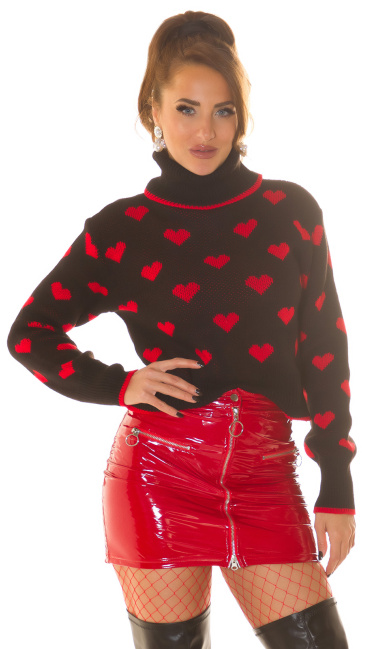 knitted Sweater with Turtleneck "Hearts" Black